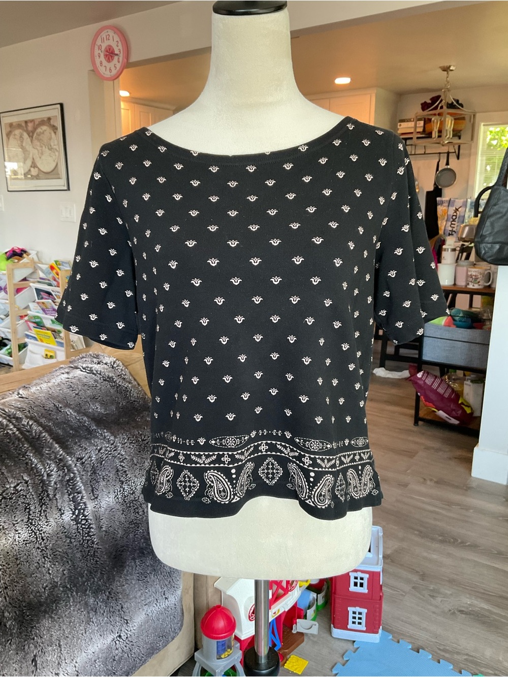 🤠Charter Club 100%‎ Cotton Black Bandana Paisley Border Short Sleeve Top PM
